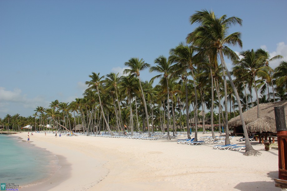 Пляж. С цветокоррекцией на этом снимке нет проблем, белый песок действительно имеет нежный розоватый оттенок. Городок Club Med Punta Cana