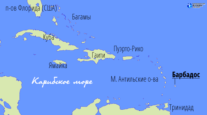 Расположение Барбадоса на карте Карибского региона