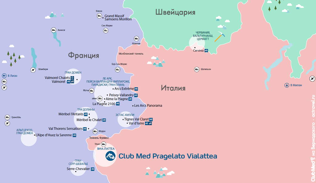 Положение городка Club Med Pragelato Sestriere на карте альпийских горнолыжных курортов
