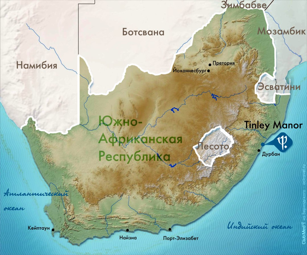 Положение курорта Club Med Tinley Manor на карте ЮАР