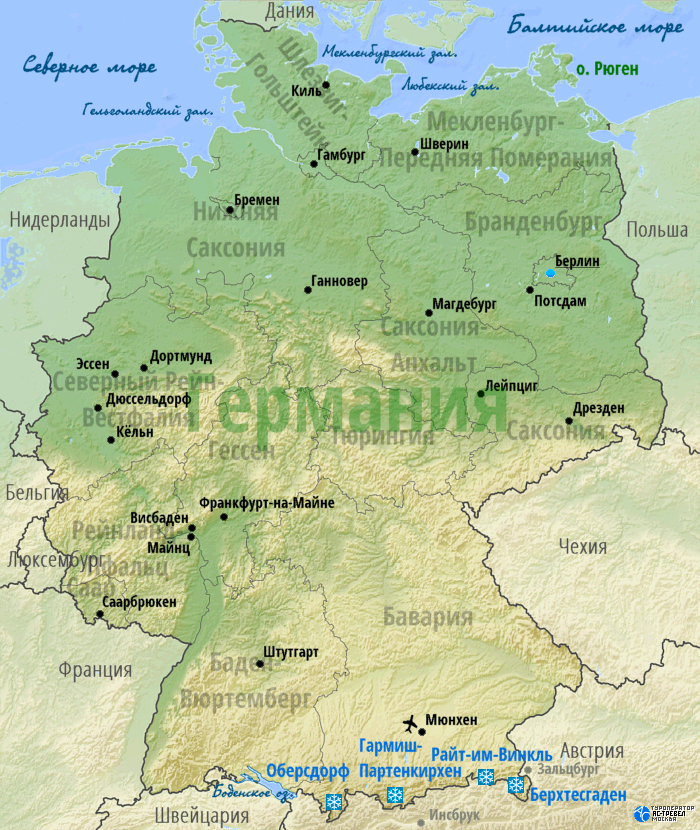 Карта основных горнолыжных курортов Германии