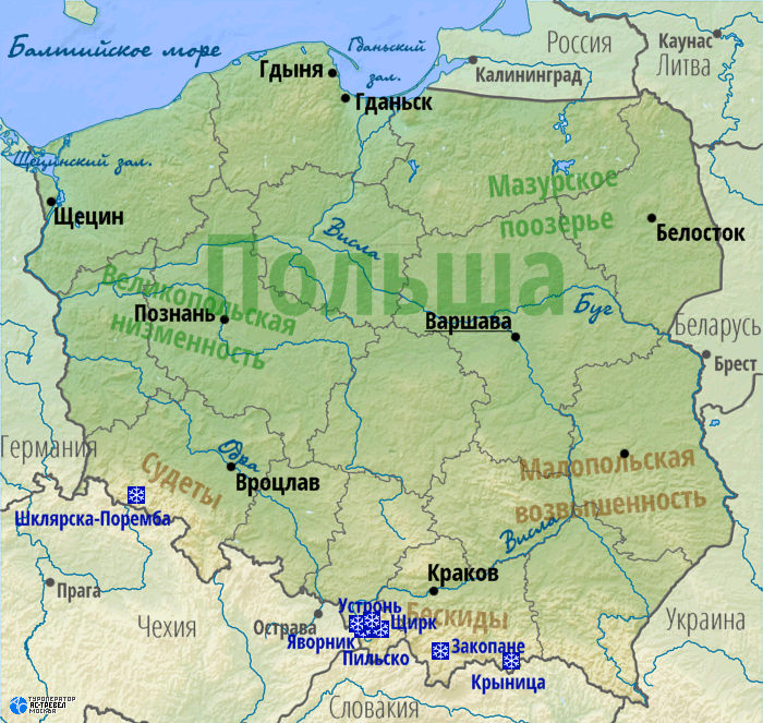 Карта основных горнолыжных курортов Польши