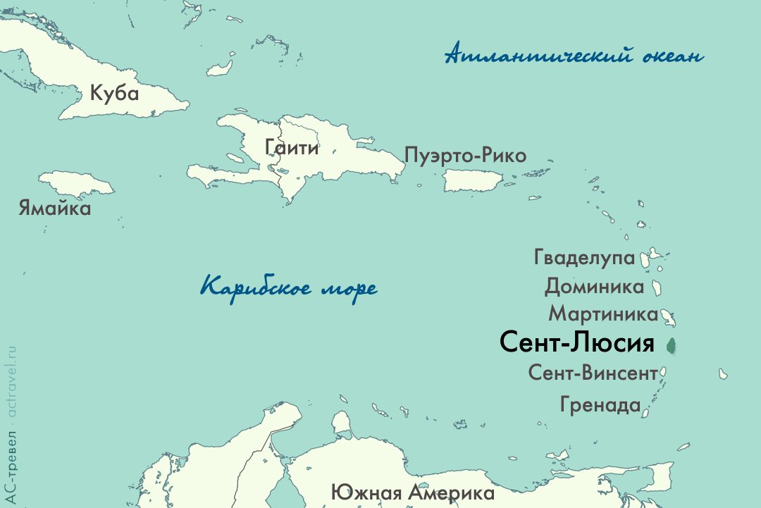 Положение Сент-Люсии на карте Карибского региона